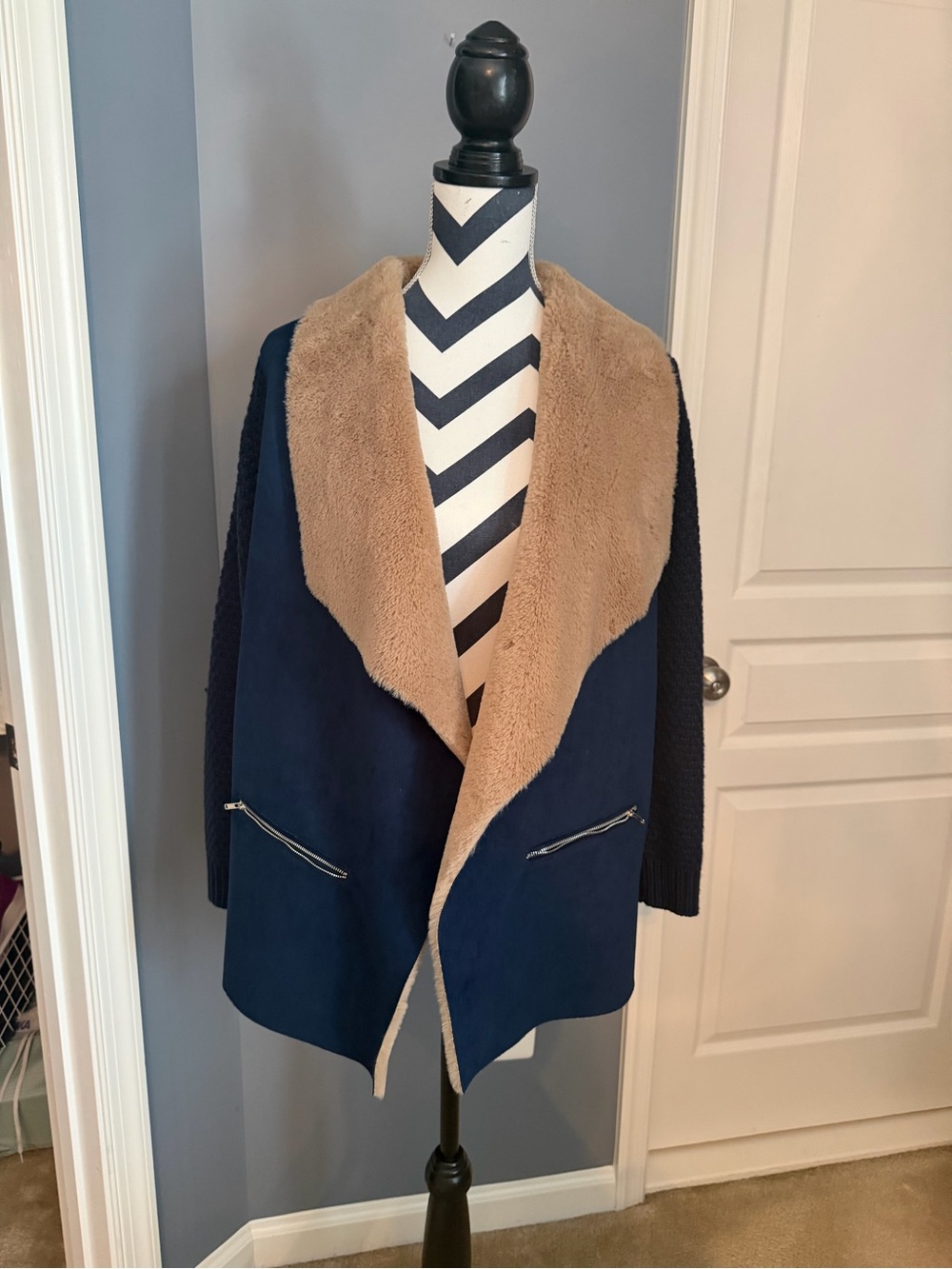 Navy Teddy Jacket with Tan Faux-Shearling Shawl Collar